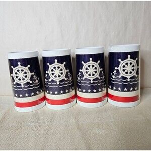 Thermo-Serv 70's Nautical Red White Blue Insulated Large Beer Mugs Set of 4